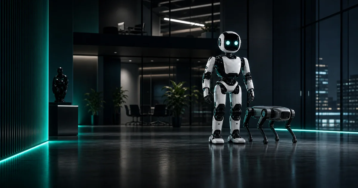 Kurumsal showroom'da insansı robot ve robot köpek; işletmeler için robot satın almayı simgeleyen premium kompozisyon
