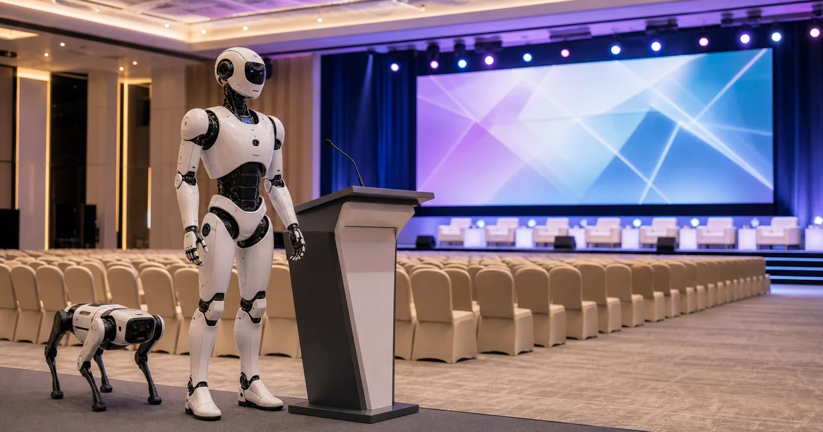 Modern kongre salonunda sahne önünde duran insansı robot ve robot köpek; arka planda konferans katılımcıları ve sahne ışıkları