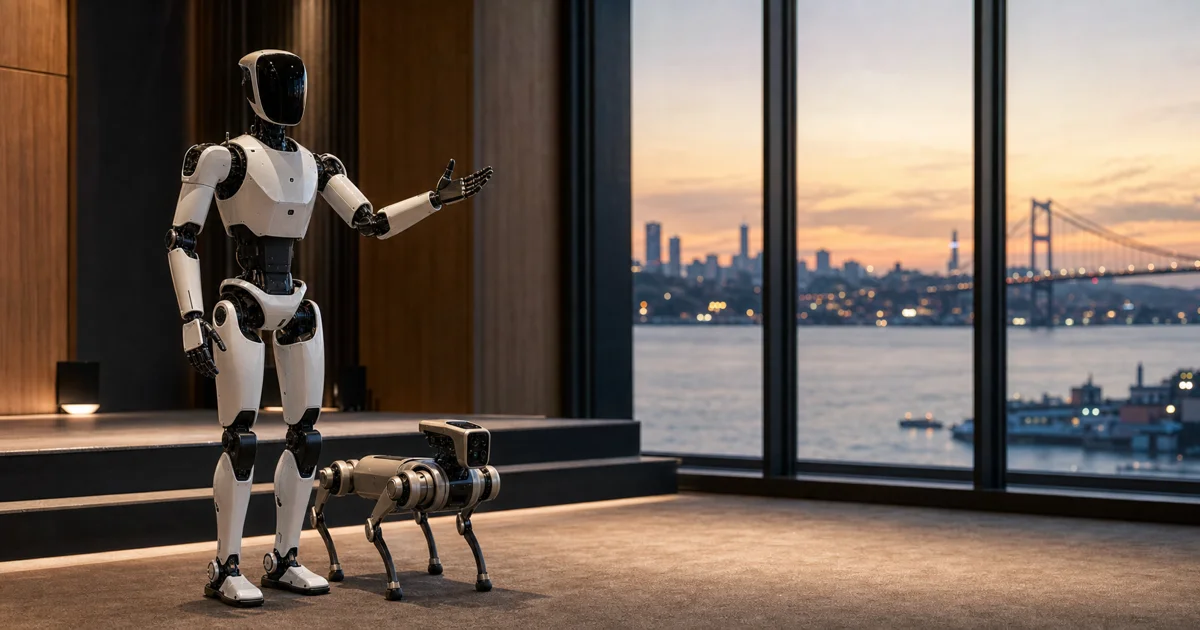 İstanbul şehir silüetinin önünde, modern bir etkinlik salonunda duran insansı robot ve robot köpek