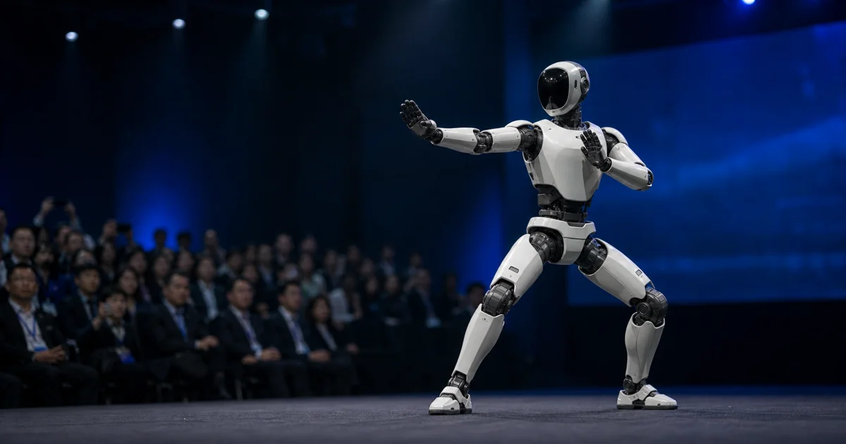 Unitree G1 insansı robotu sahne ışıkları altında dövüş sanatları duruşunda, önünde izleyen etkinlik katılımcıları