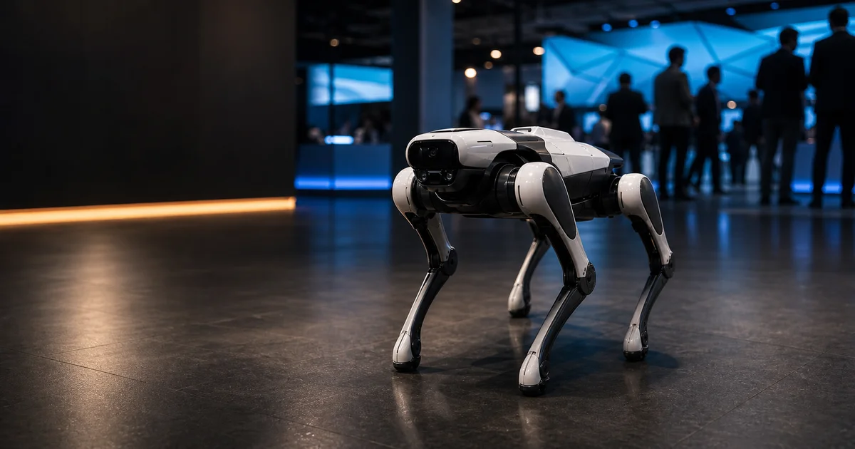 Unitree Go2 robot köpeği bir fuar standında spot ışıkları altında dururken, arkada izleyen ziyaretçiler