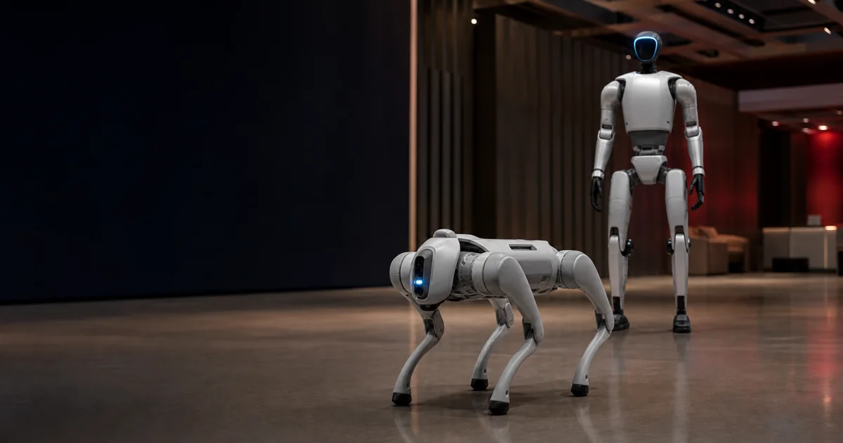 Modern bir etkinlik salonunda yan yana duran Unitree robot köpek ve insansı robot