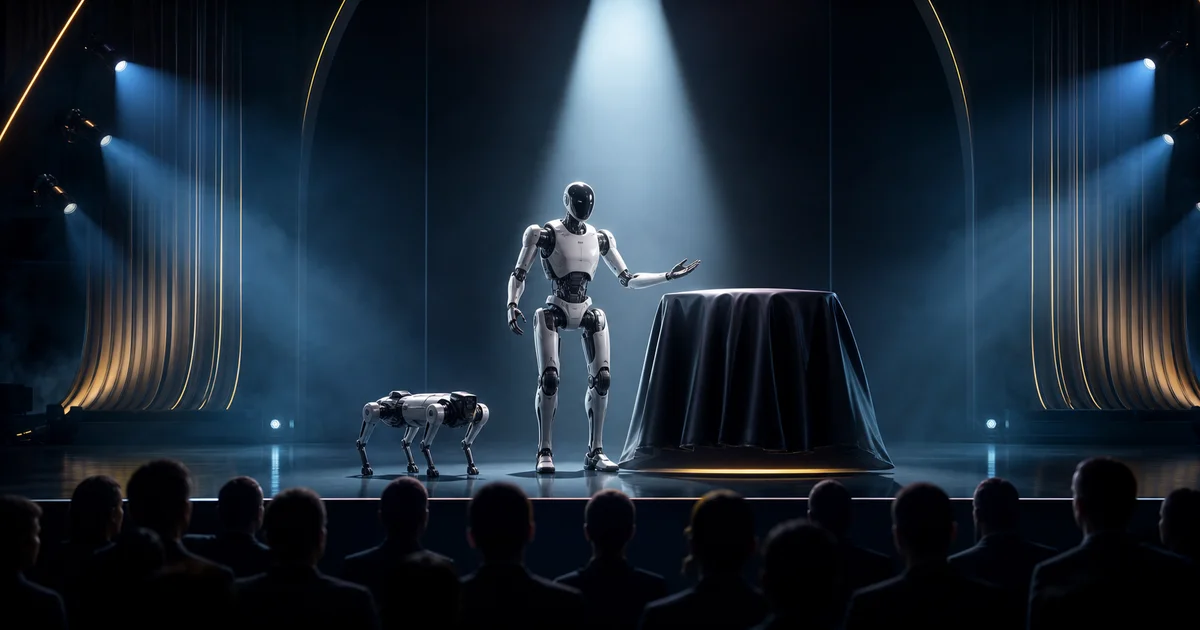 Ürün lansmanı sahnesinde reveal anını sunan insansı robot ve robot köpek; ışık huzmeleri altında premium lansman kompozisyonu